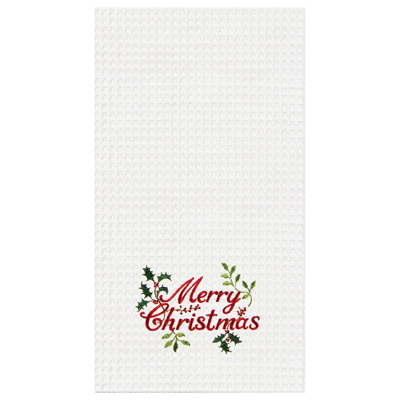 "Merry Christmas" Holly Branches Embroidered 100% Cotton Waffle Weave Dishtowel